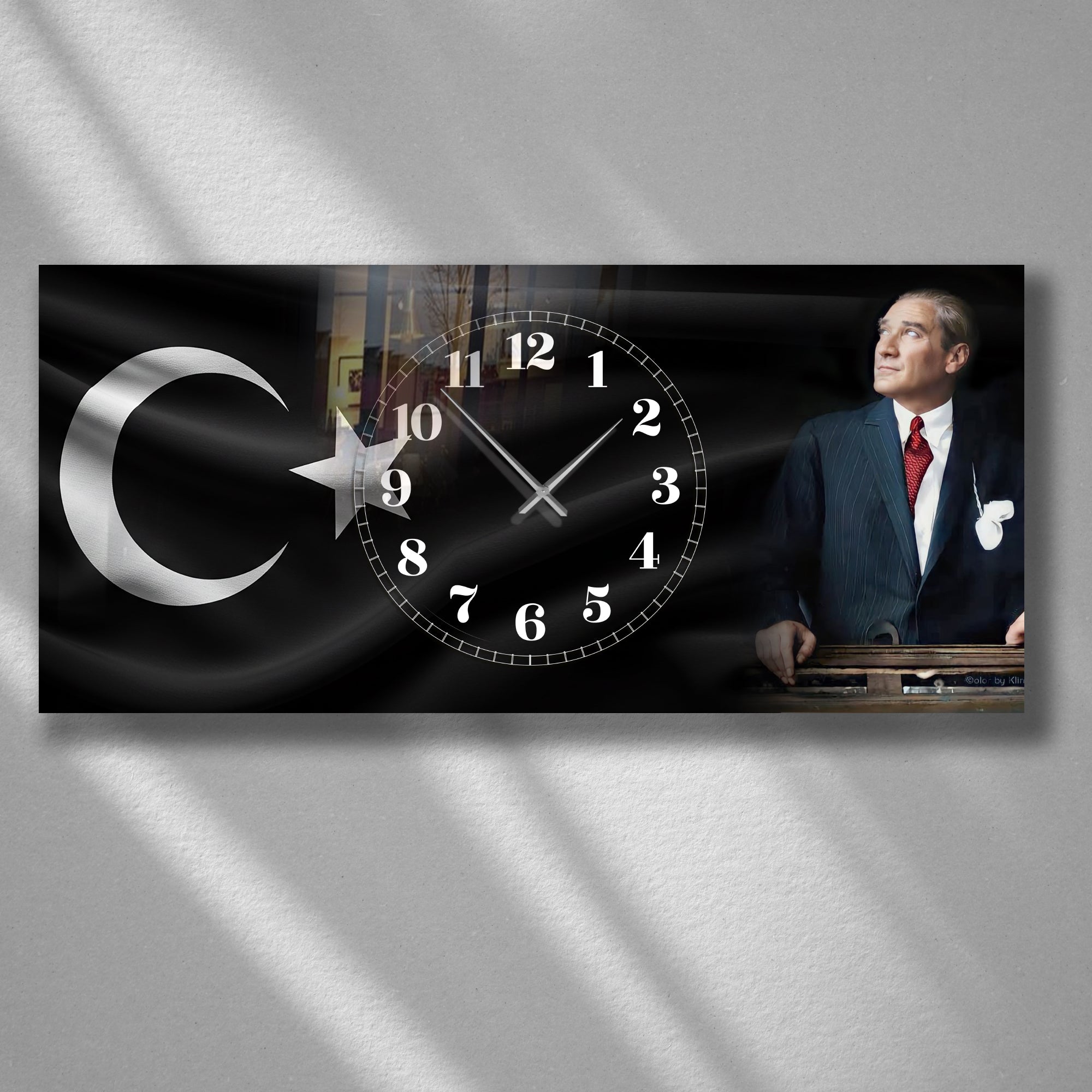 Temperli Cam Saat Atatürk Portresi  Tasarım, Premium UV Baskı Duvar Saatİ