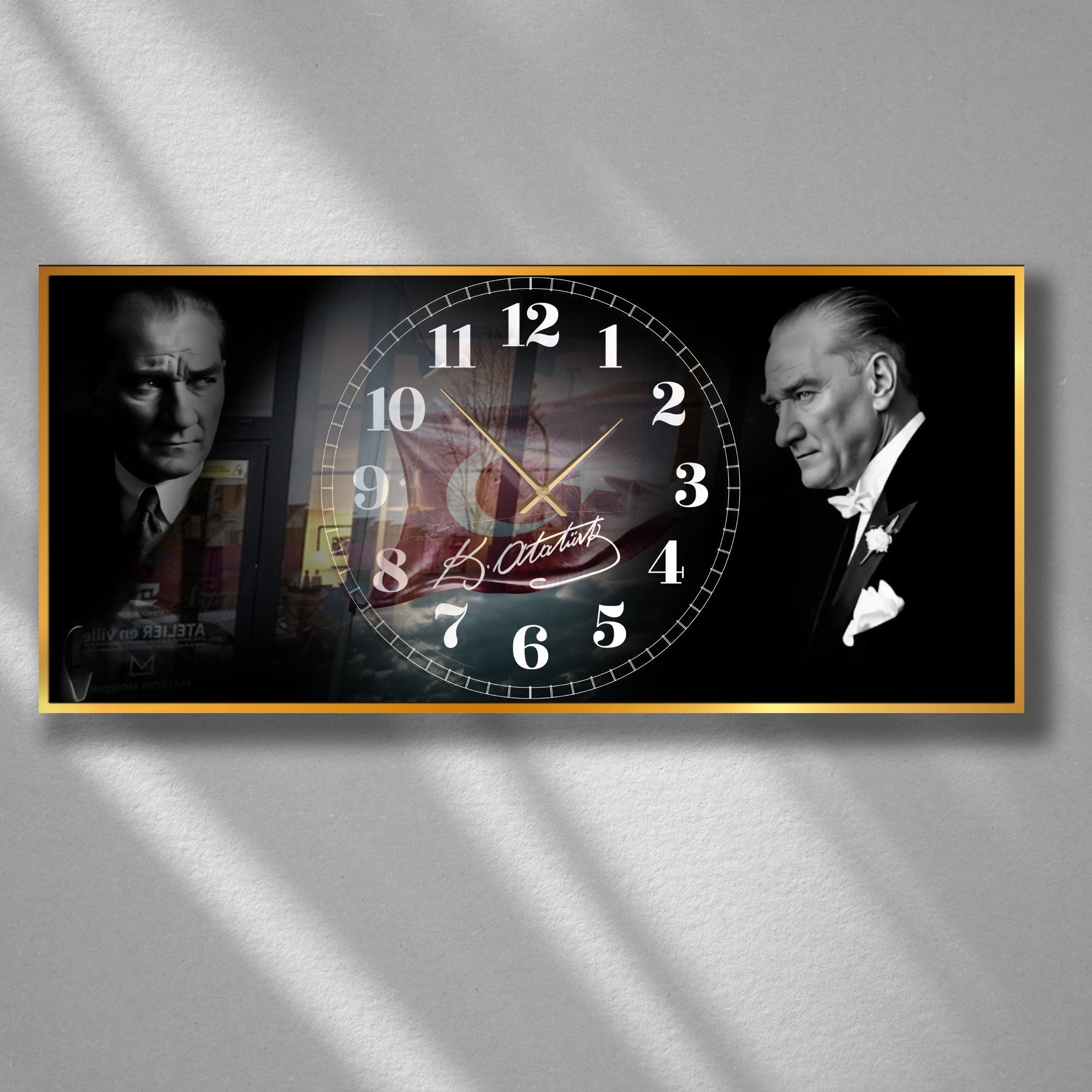 World Map Themed Tempered Glass Wall Clock – Modern Design with Gold Details, Large Wall Decor