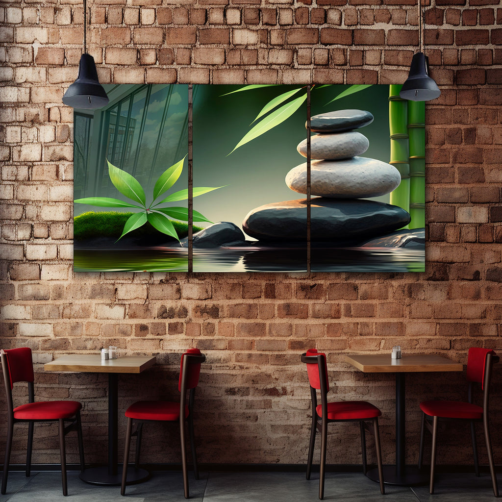 Temperli Cam Duvar Tablosu – Bambu ve Denge Taşları Huzur Temalı Modern Dekor