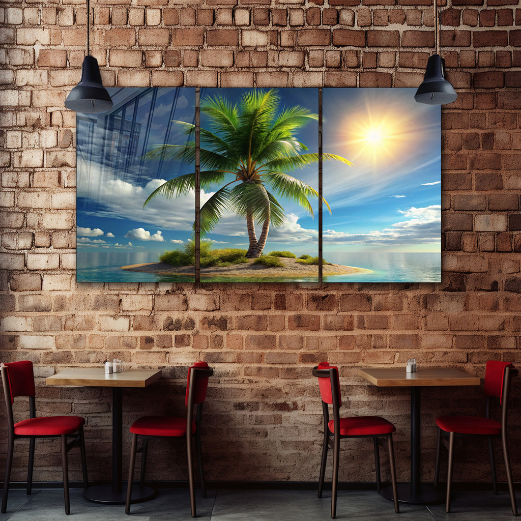 Tropik Ada Manzara Temperli Cam Duvar Tablosu – Modern Deniz ve Palmiye Dekoru