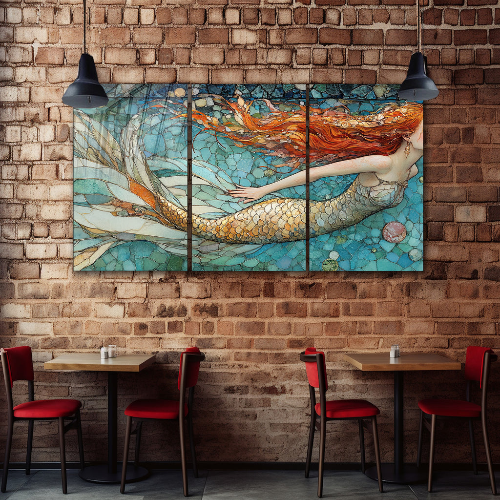 Temperli Cam Deniz Kızı Duvar Tablosu – Vitray Mozaik Sanat Tasarımı, Modern Mitolojik Dekorya)
