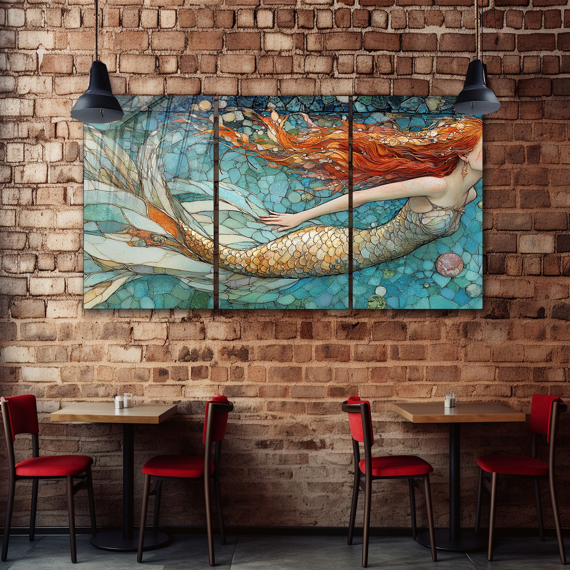 Temperli Cam Deniz Kızı Duvar Tablosu – Vitray Mozaik Sanat Tasarımı, Modern Mitolojik Dekorya)