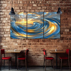 Temperli Cam Duvar Tablosu – Mavi ve Altın Akışkan Dalga Soyut Dekor