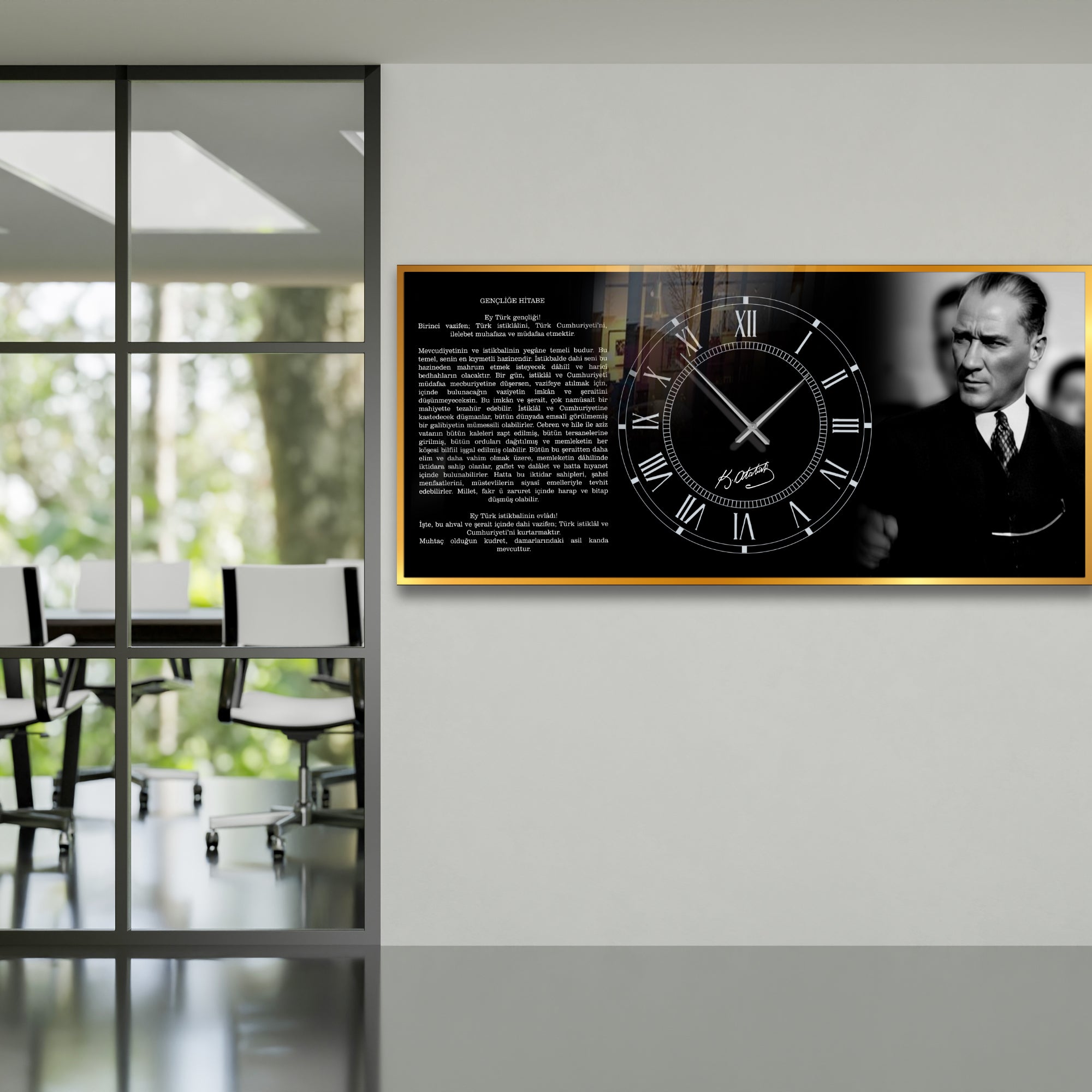 World Map Themed Tempered Glass Wall Clock – Modern Design with Gold Details, Large Wall Decor