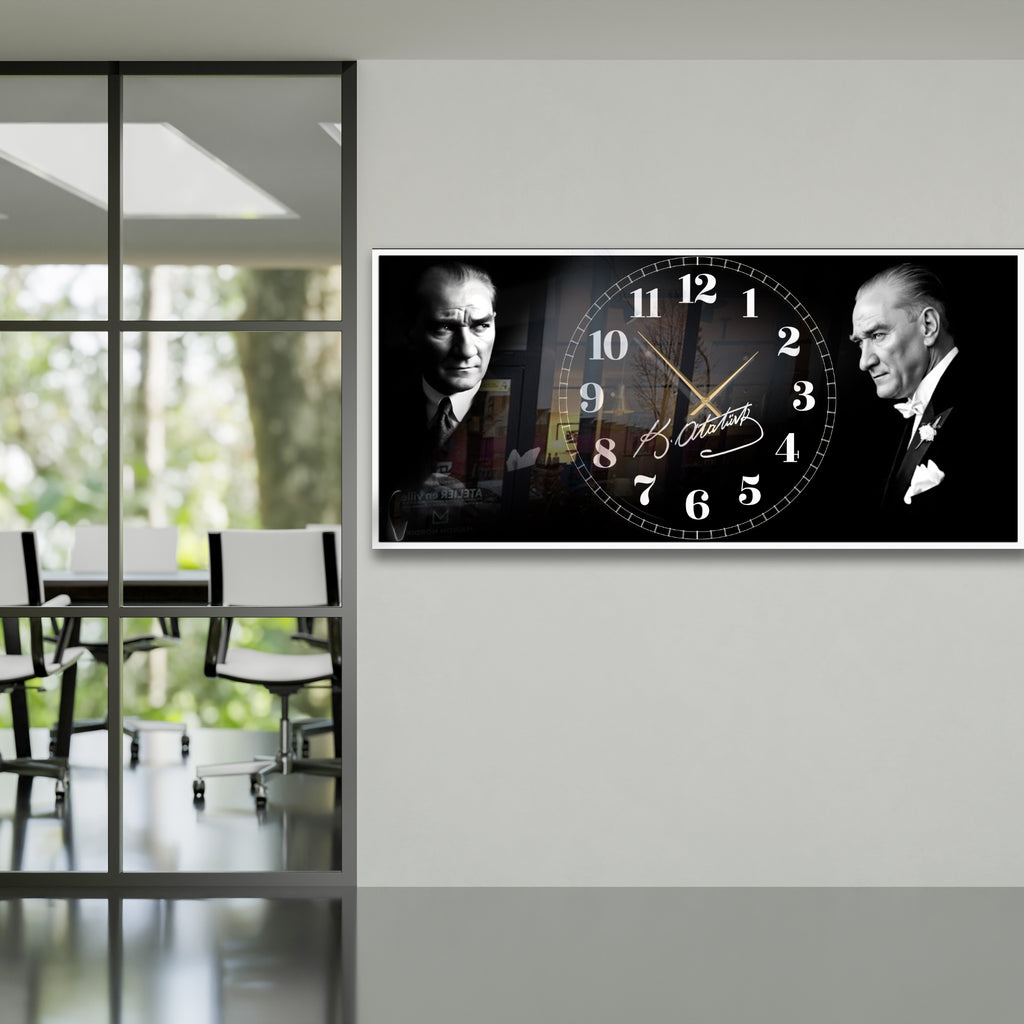 Temperli Cam Saat Atatürk Portresi Tasarım, Premium UV Baskı Duvar Saati