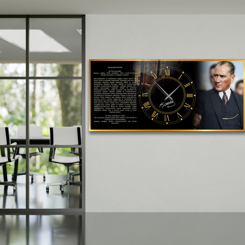 World Map Themed Tempered Glass Wall Clock – Modern Design with Gold Details, Large Wall Decor