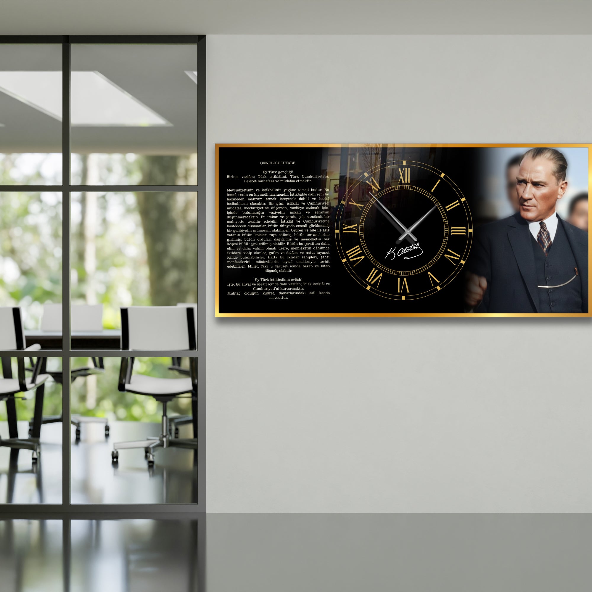 World Map Themed Tempered Glass Wall Clock – Modern Design with Gold Details, Large Wall Decor