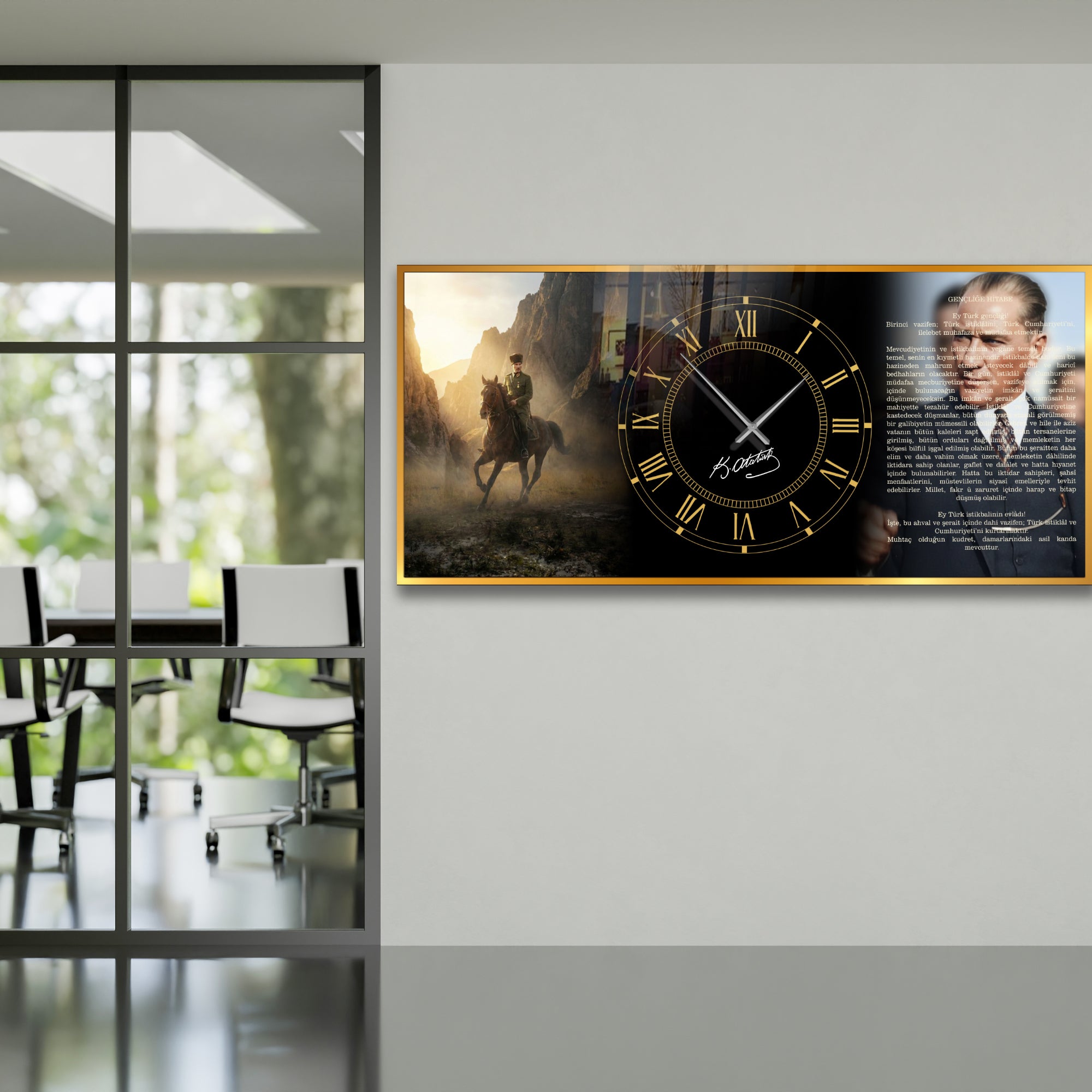 World Map Themed Tempered Glass Wall Clock – Modern Design with Gold Details, Large Wall Decor