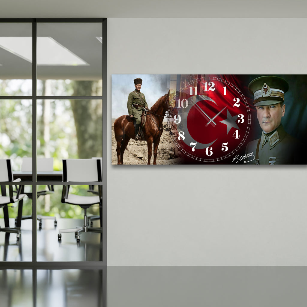 Temperli Cam Saat Atatürk Portresi Tasarım, Premium UV Baskı Duvar Saati