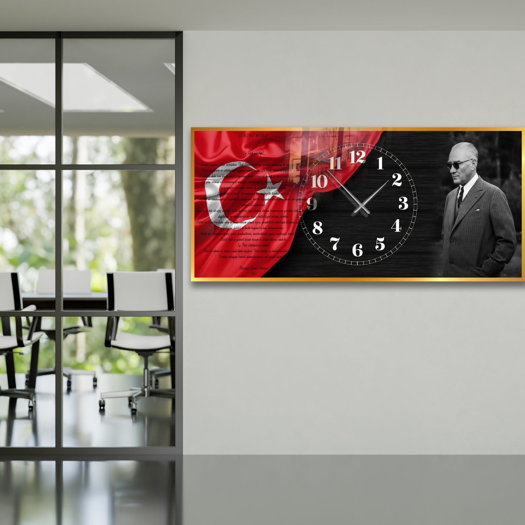 World Map Themed Tempered Glass Wall Clock – Modern Design with Gold Details, Large Wall Decor