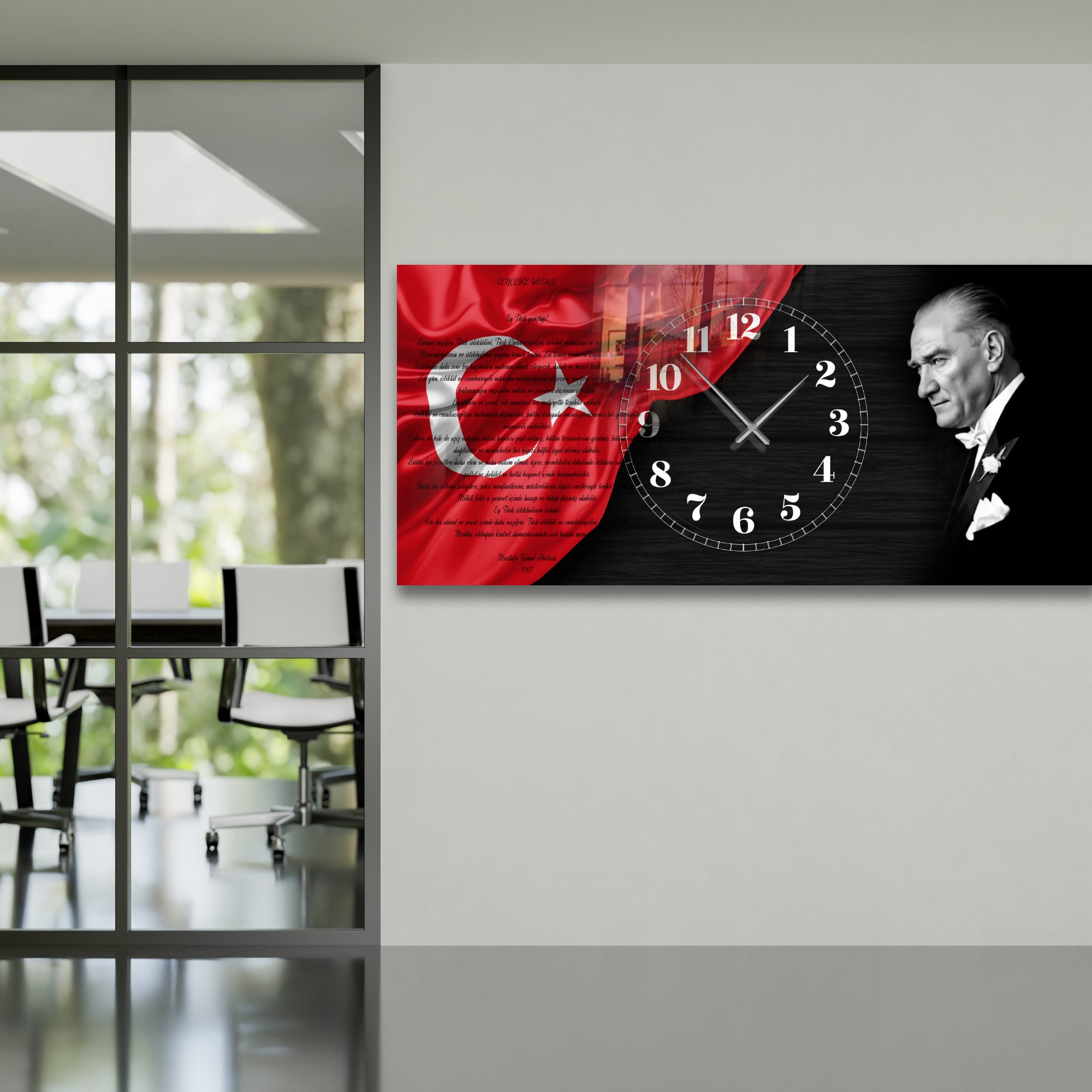 World Map Themed Tempered Glass Wall Clock – Modern Design with Gold Details, Large Wall Decor