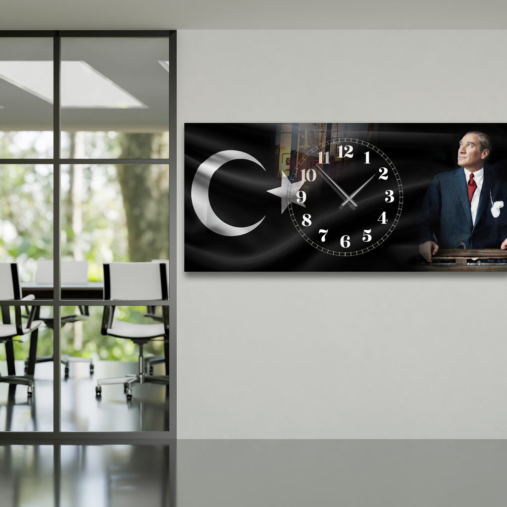 Temperli Cam Saat Atatürk Portresi  Tasarım, Premium UV Baskı Duvar Saatİ