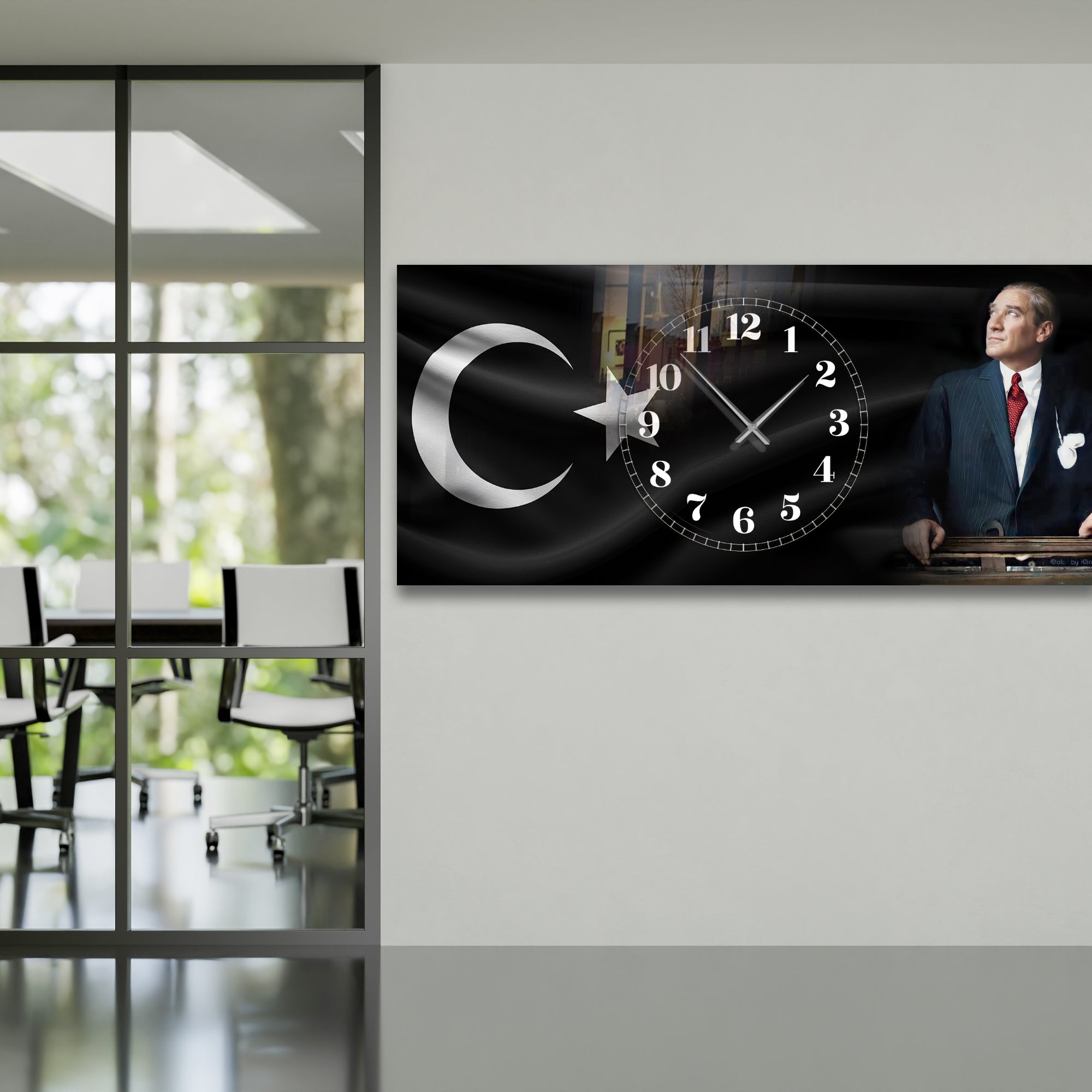 Temperli Cam Saat Atatürk Portresi  Tasarım, Premium UV Baskı Duvar Saatİ
