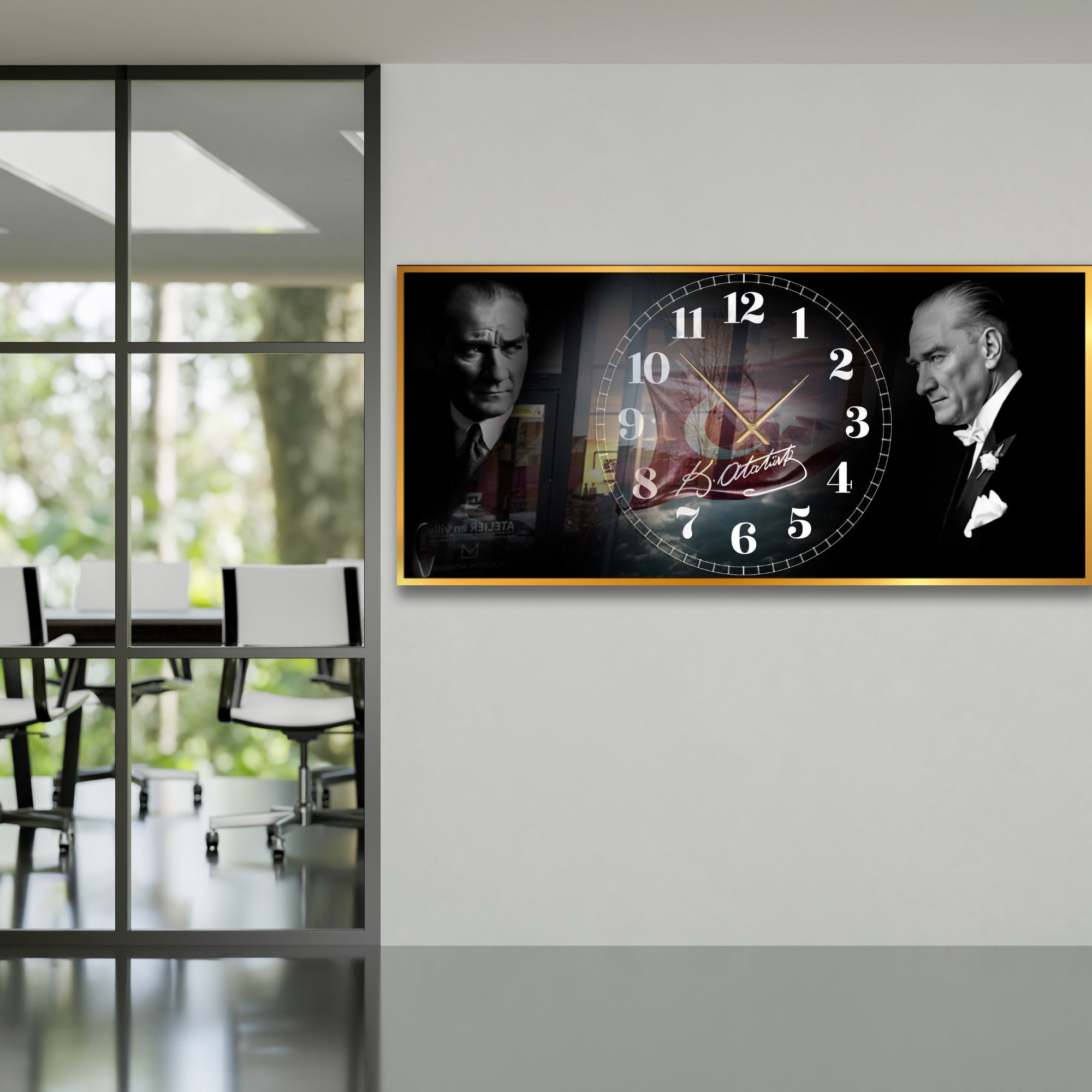 World Map Themed Tempered Glass Wall Clock – Modern Design with Gold Details, Large Wall Decor