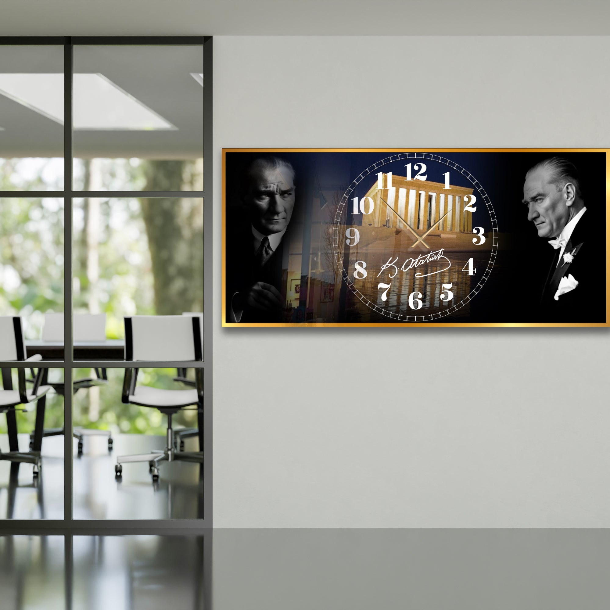 World Map Themed Tempered Glass Wall Clock – Modern Design with Gold Details, Large Wall Decor