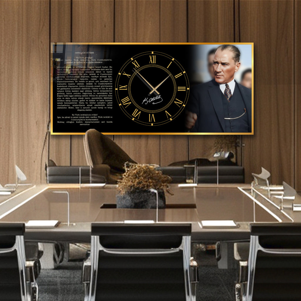 Temperli Cam Saat Atatürk Portresi Tasarım, Premium UV Baskı Duvar Saati