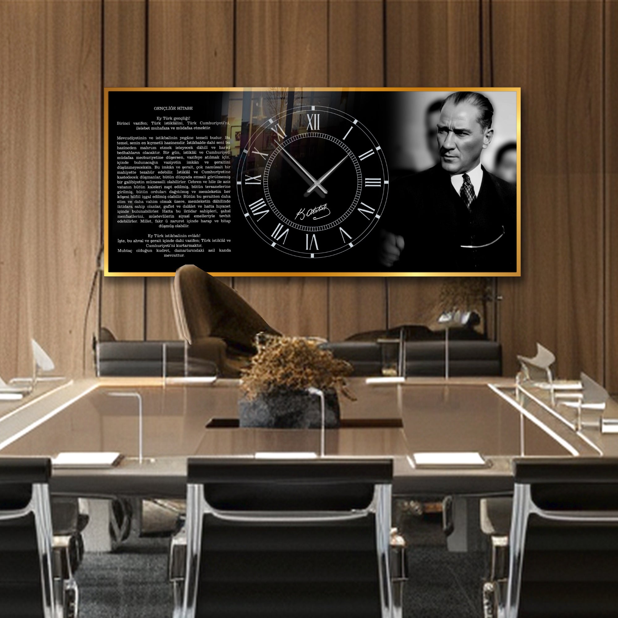 World Map Themed Tempered Glass Wall Clock – Modern Design with Gold Details, Large Wall Decor