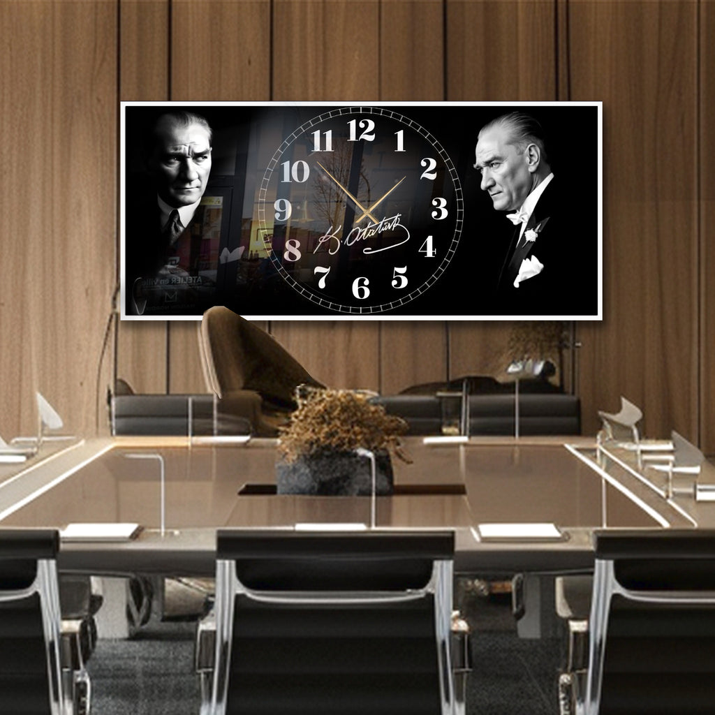 Temperli Cam Saat Atatürk Portresi Tasarım, Premium UV Baskı Duvar Saati