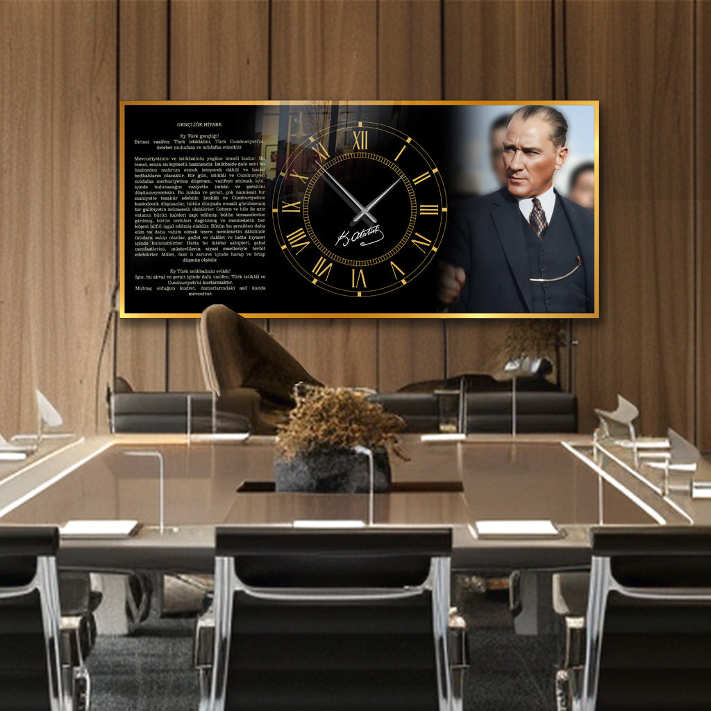 World Map Themed Tempered Glass Wall Clock – Modern Design with Gold Details, Large Wall Decor