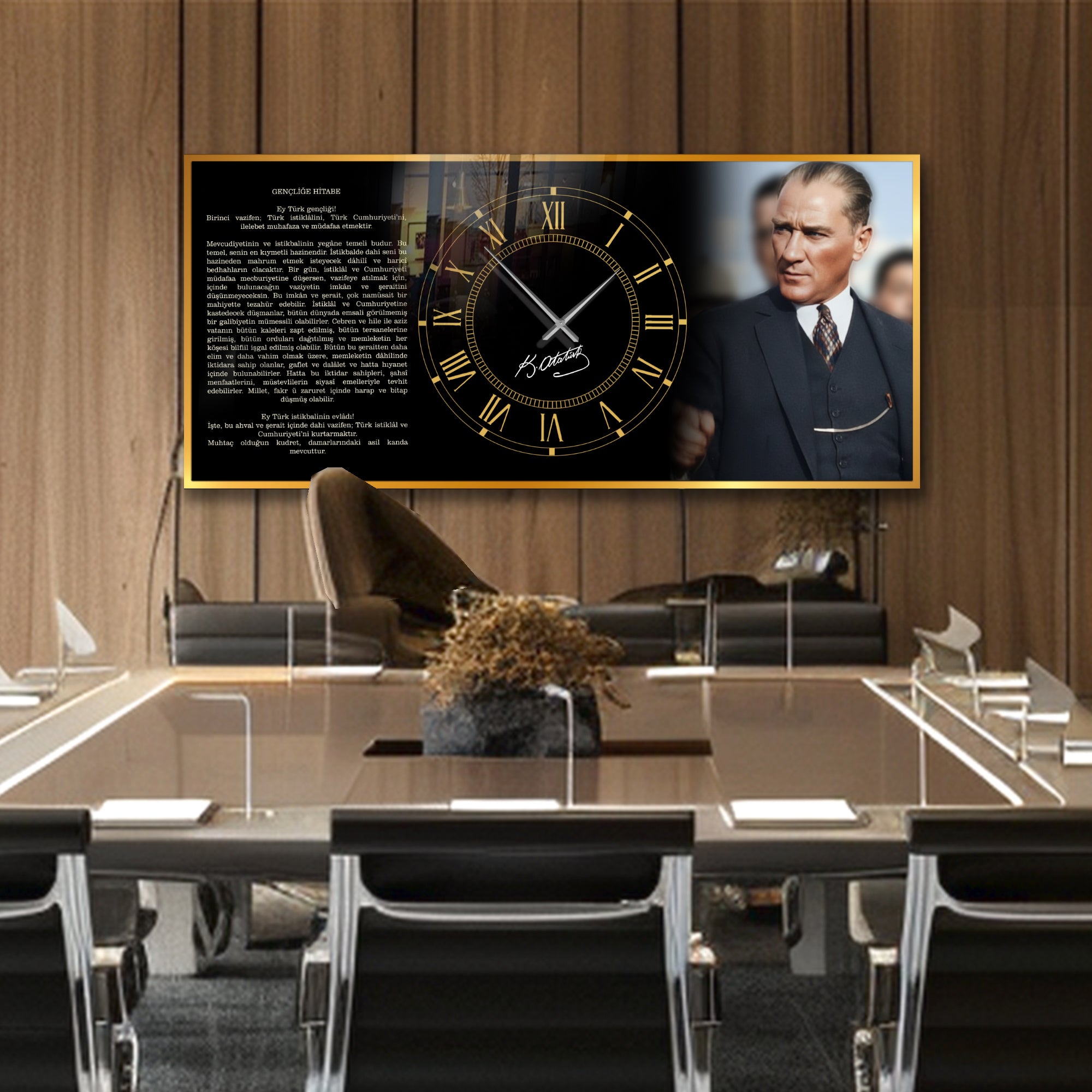 World Map Themed Tempered Glass Wall Clock – Modern Design with Gold Details, Large Wall Decor