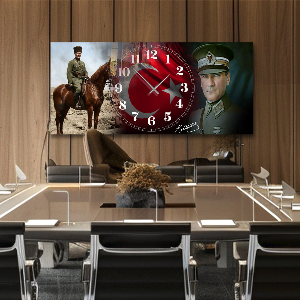 Temperli Cam Saat Atatürk Portresi Tasarım, Premium UV Baskı Duvar Saati