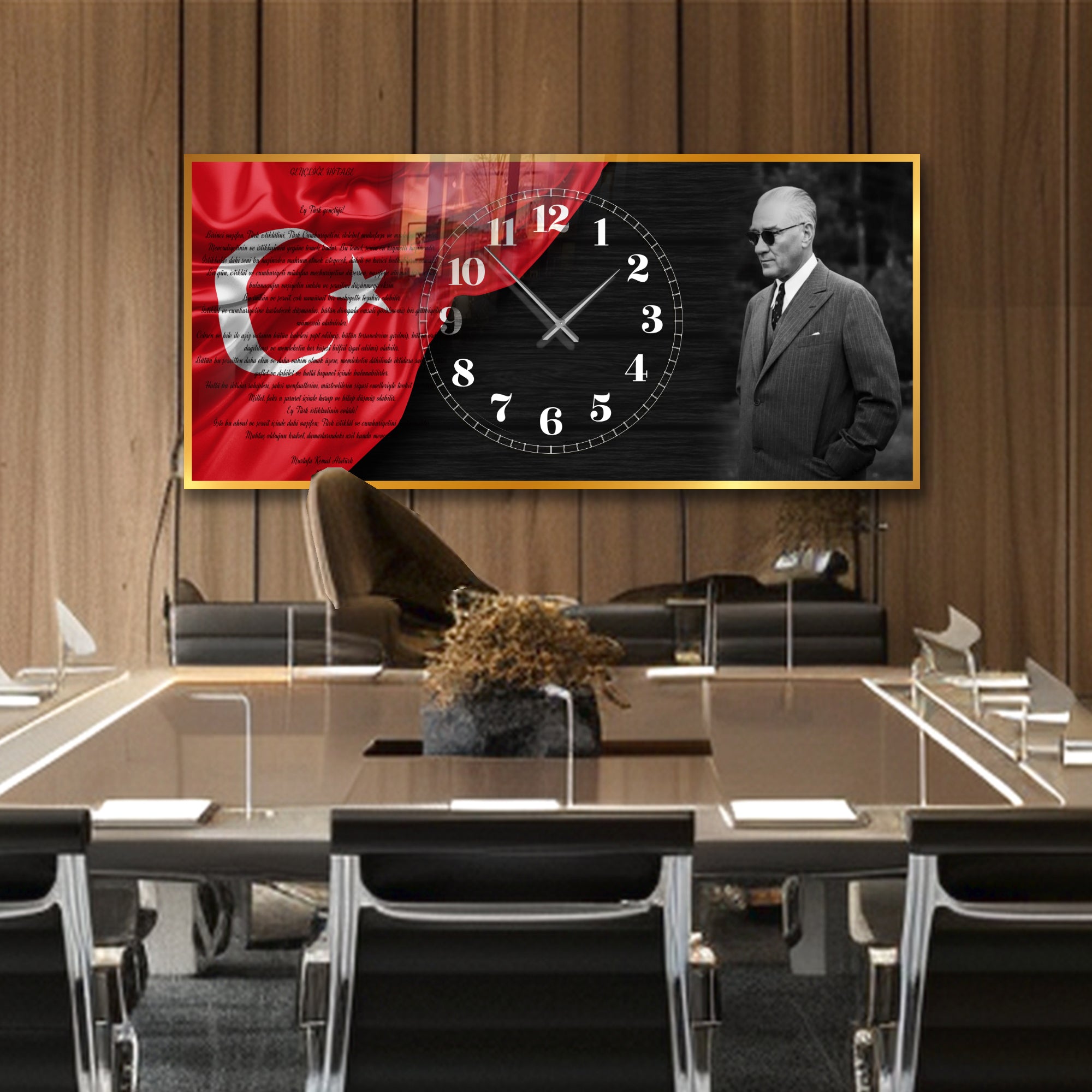 World Map Themed Tempered Glass Wall Clock – Modern Design with Gold Details, Large Wall Decor