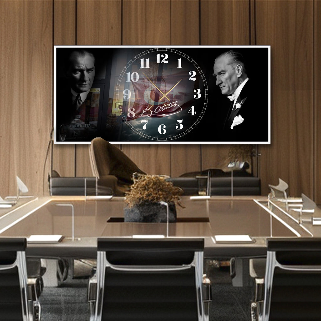 Temperli Cam Saat Atatürk Portresi Tasarım, Premium UV Baskı Duvar Saati