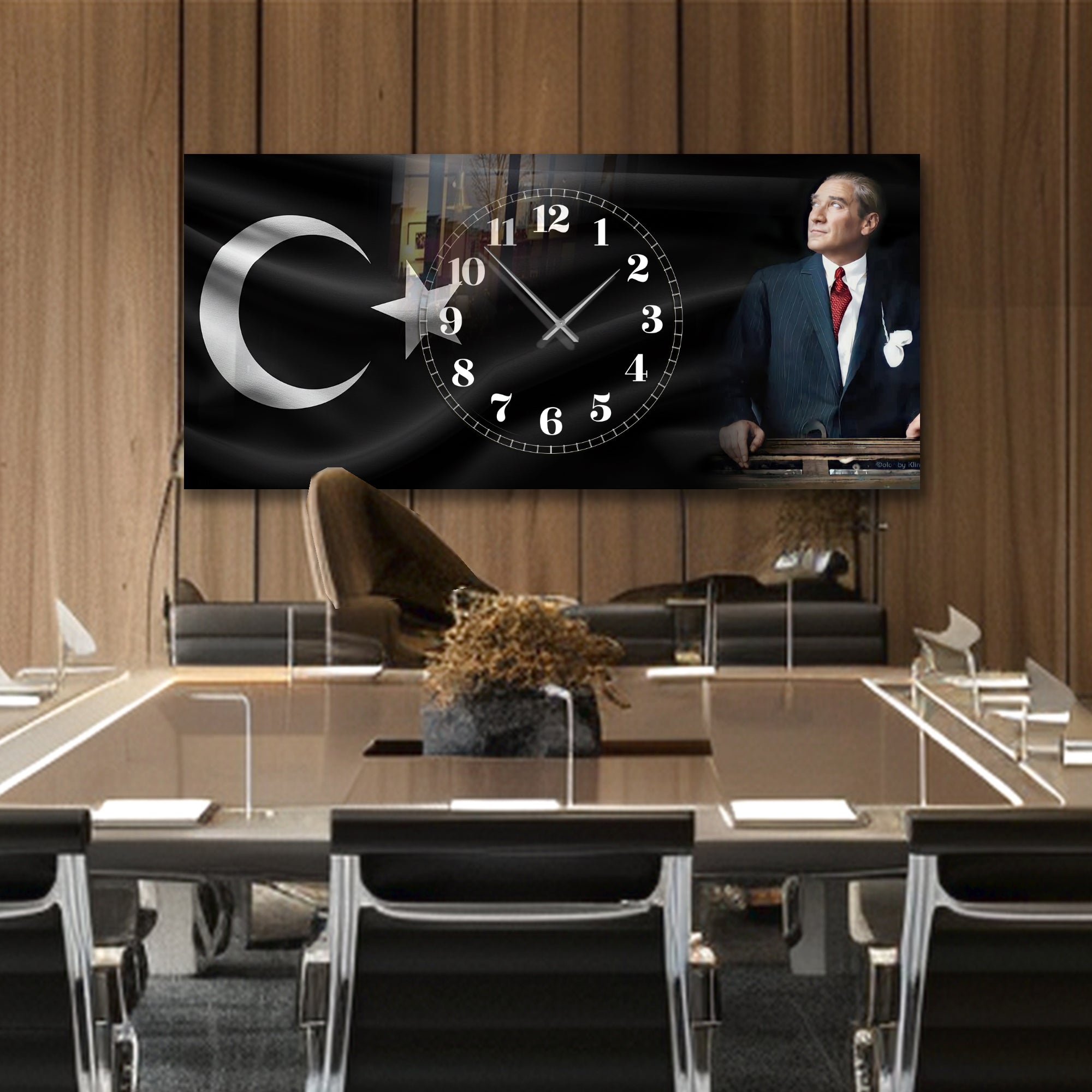 Temperli Cam Saat Atatürk Portresi  Tasarım, Premium UV Baskı Duvar Saatİ