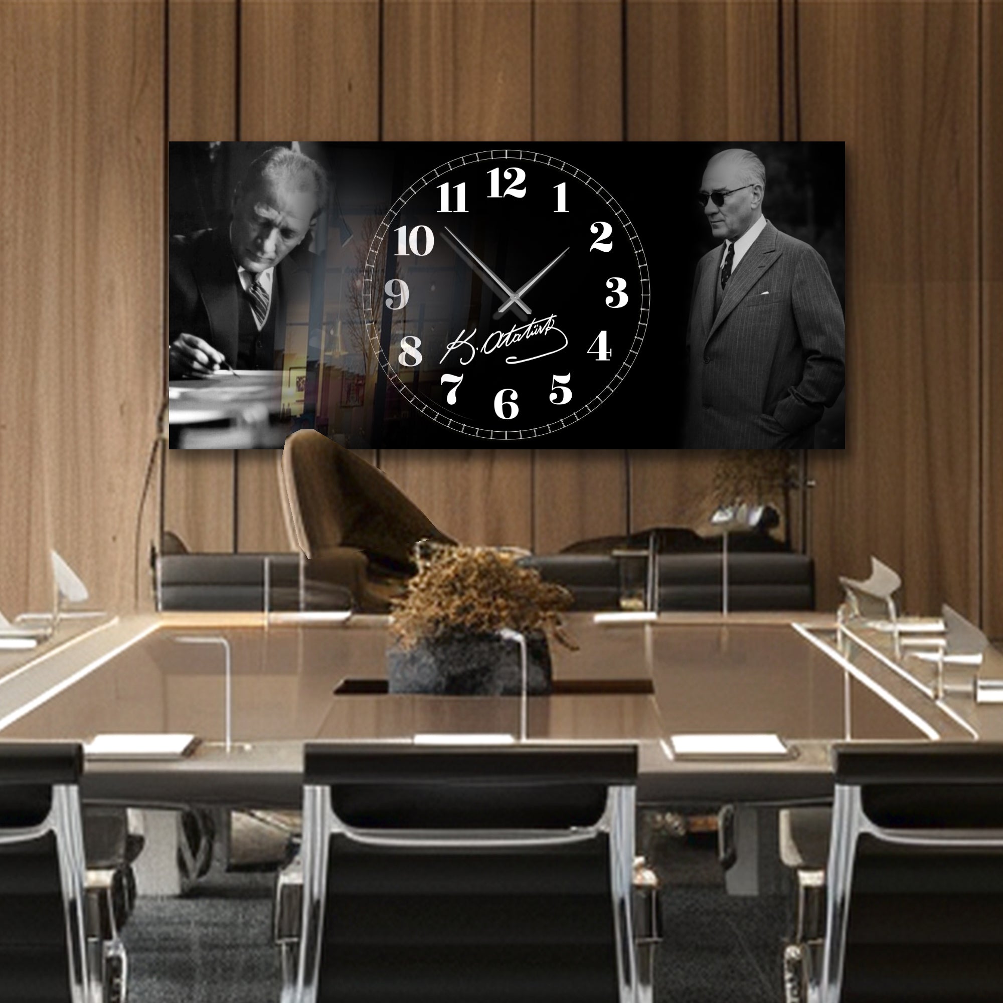 World Map Themed Tempered Glass Wall Clock – Modern Design with Gold Details, Large Wall Decor