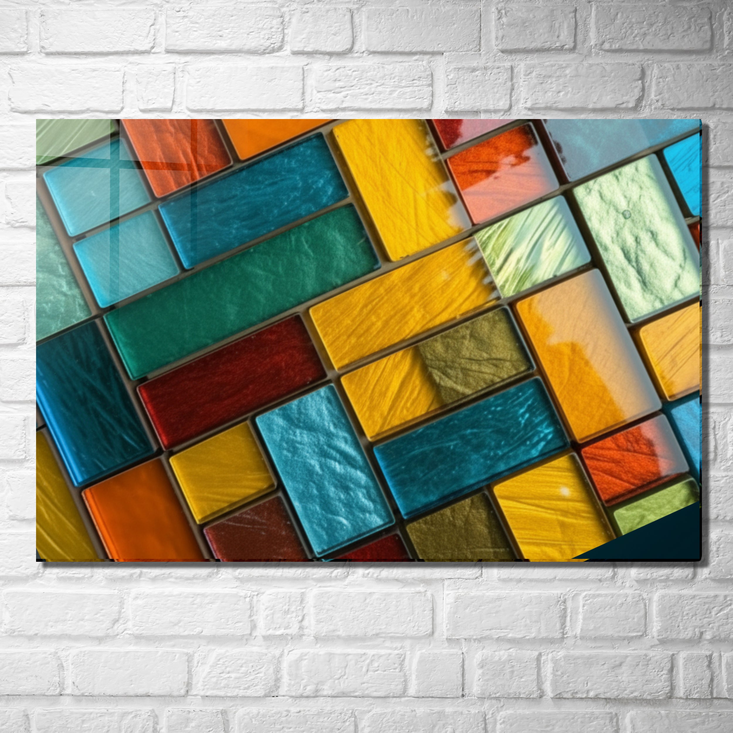 Diagonal Dörtgenler Vitray Görünümlü Temperli Cam Tablo – Renkli Doğa Duvar Dekoru