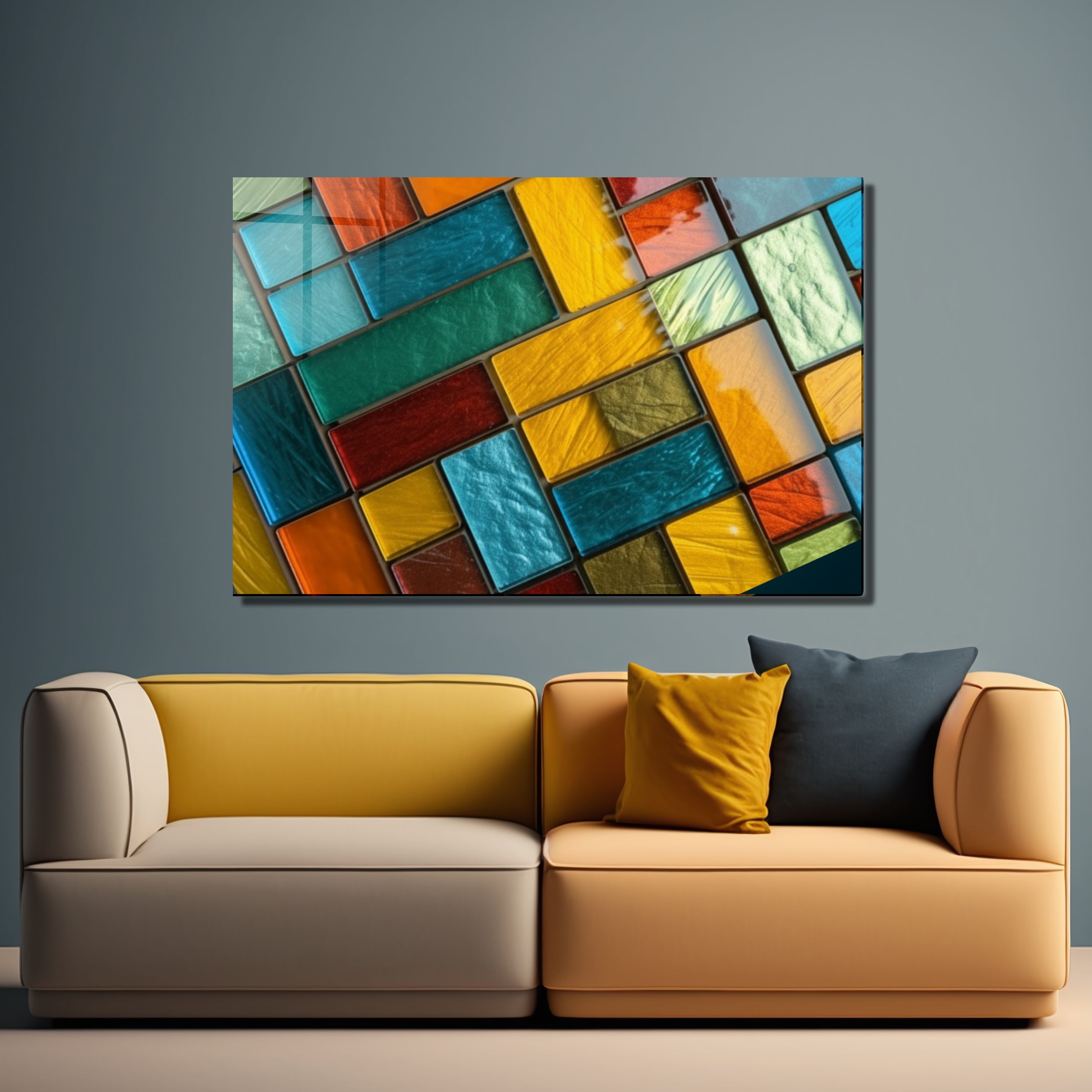 Diagonal Dörtgenler Vitray Görünümlü Temperli Cam Tablo – Renkli Doğa Duvar Dekoru