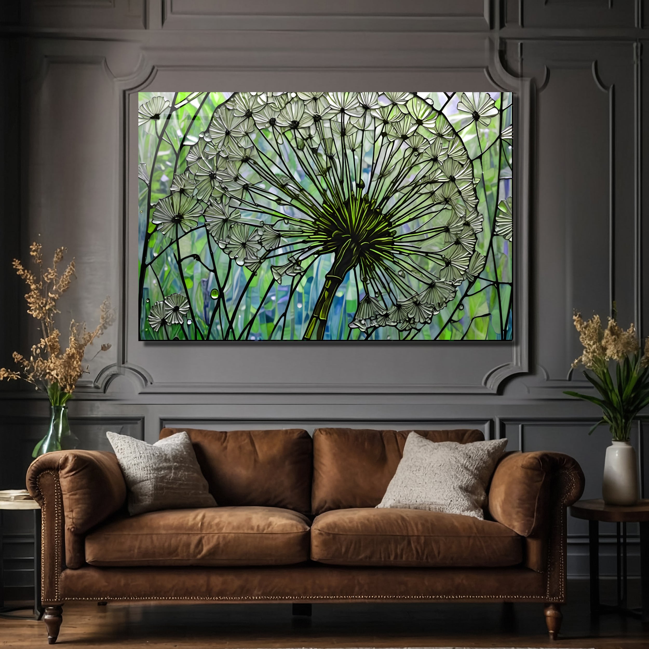 Kara Hindibağ Temalı Vitray Görünümlü Temperli Cam Tablo – Renkli Doğa Duvar Dekoru