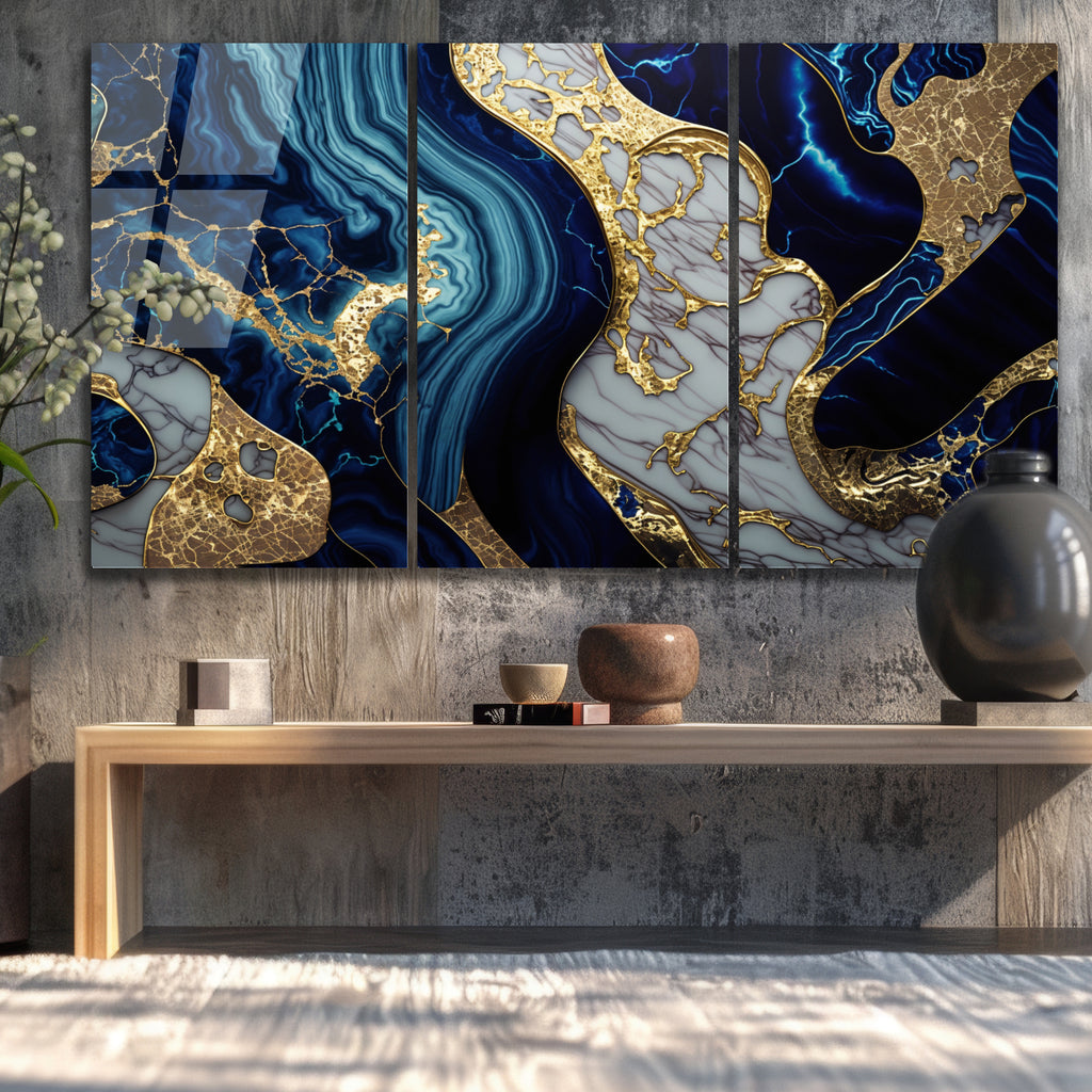 Mavi Mermer Soyut Temperlenmiş Cam Tablo, Modern 3D Duvar Dekoru, Şık ve Lüks Cam Sanat Eseri