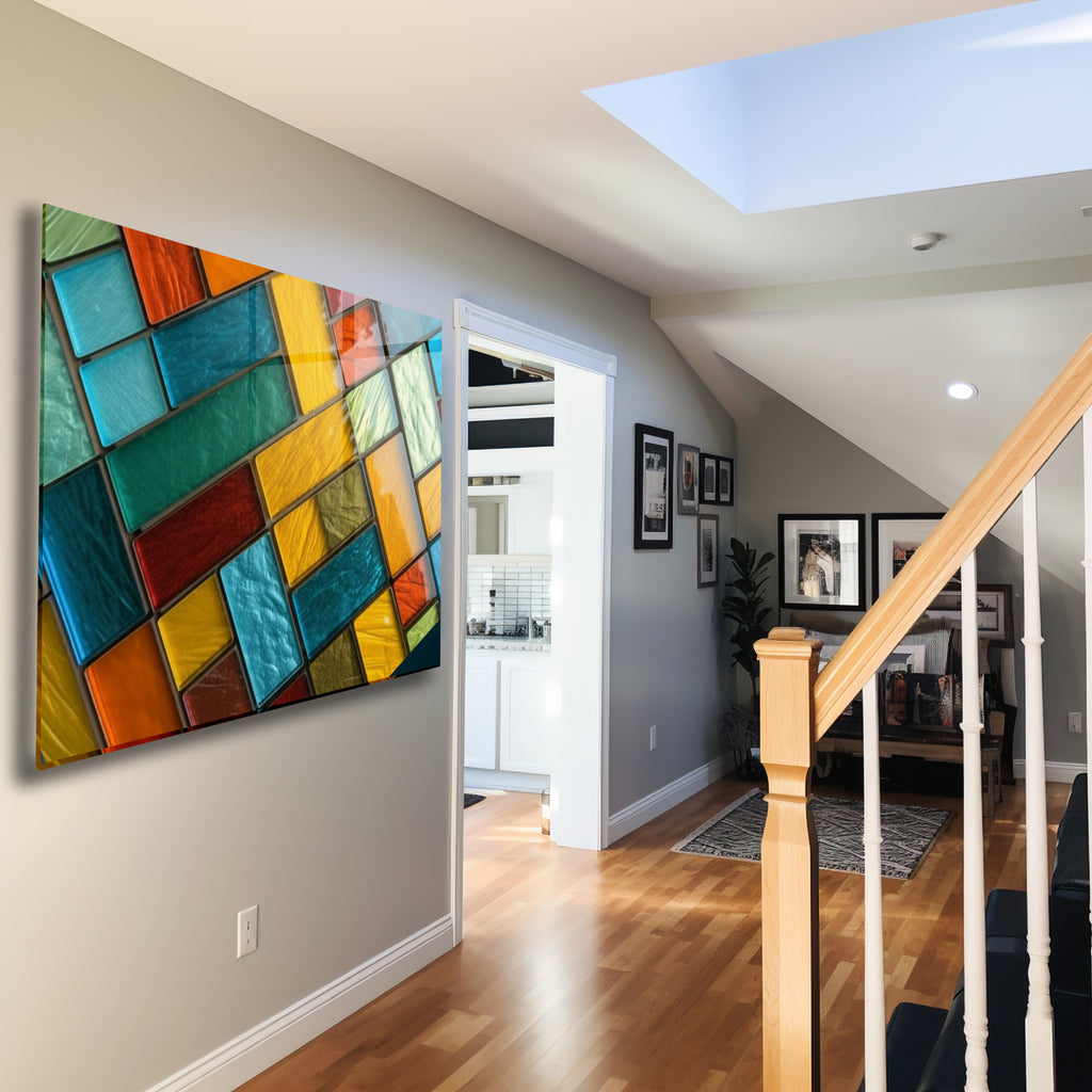 Diagonal Dörtgenler Vitray Görünümlü Temperli Cam Tablo – Renkli Doğa Duvar Dekoru