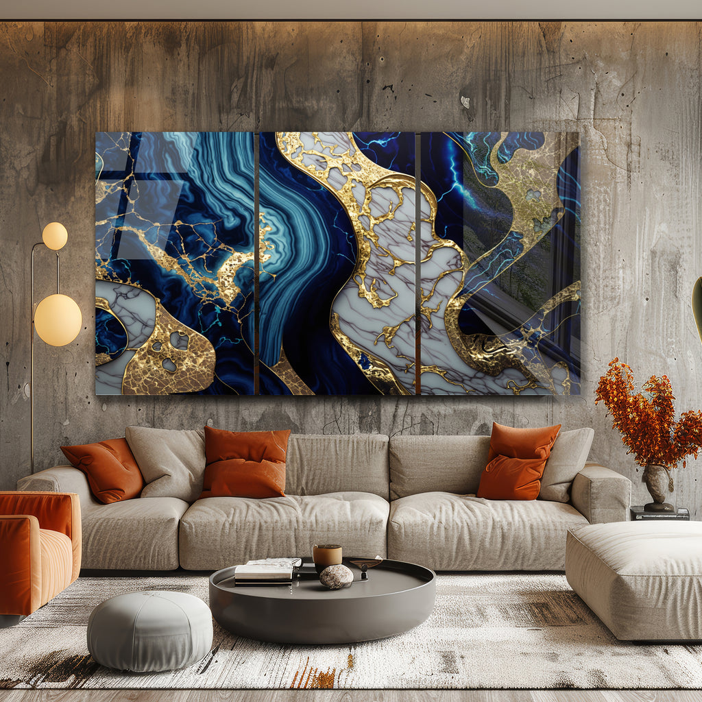Mavi Mermer Soyut Temperlenmiş Cam Tablo, Modern 3D Duvar Dekoru, Şık ve Lüks Cam Sanat Eseri