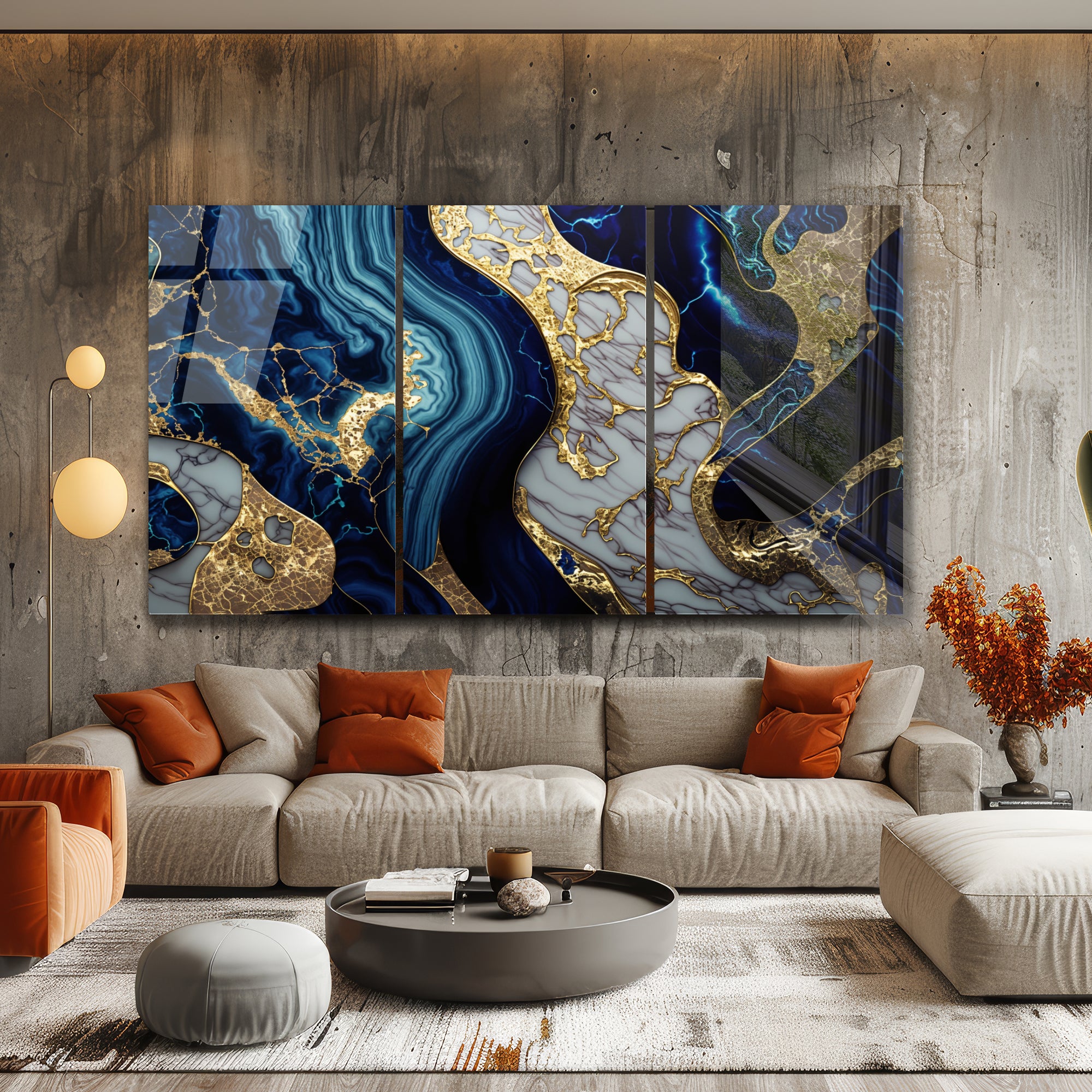 Mavi Mermer Soyut Temperlenmiş Cam Tablo, Modern 3D Duvar Dekoru, Şık ve Lüks Cam Sanat Eseri