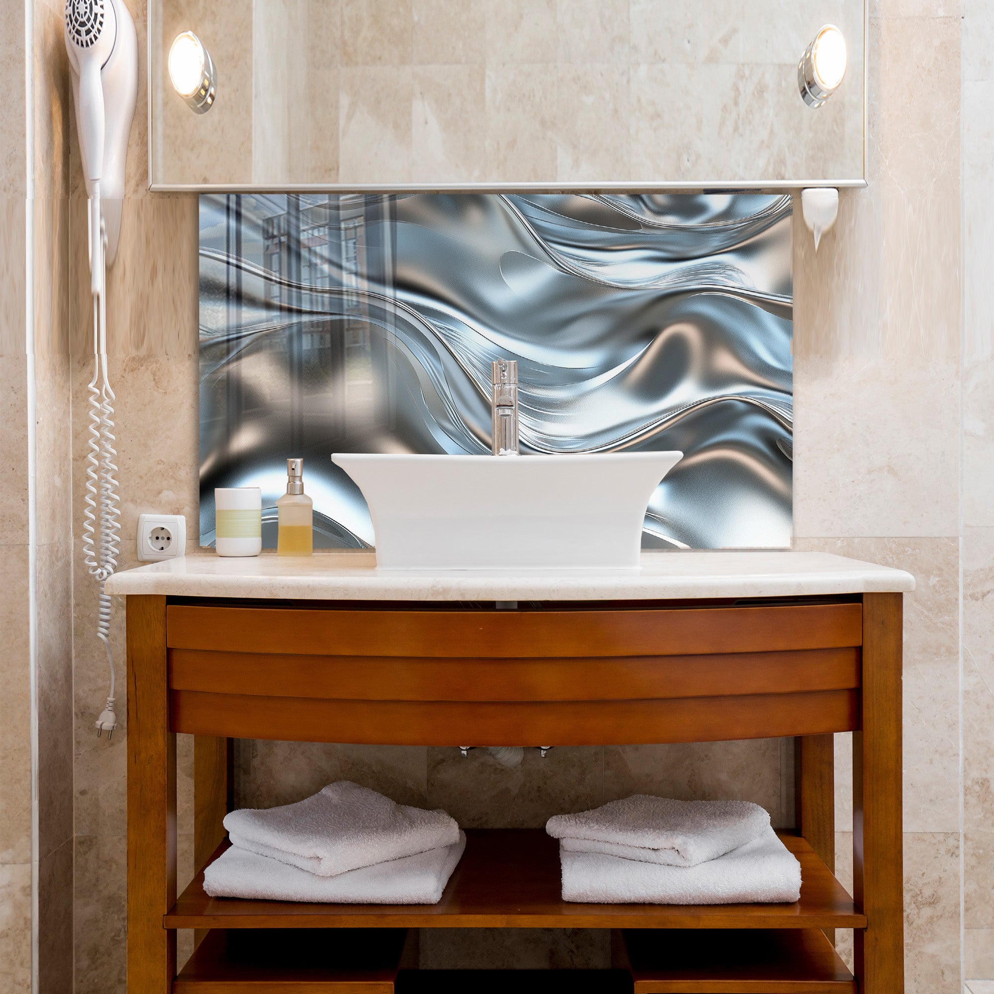 Silver Metallic Abstract Tempered Glass Painting, Modern 3D Wall Decor, Stylish and Luxury Glass Artwork