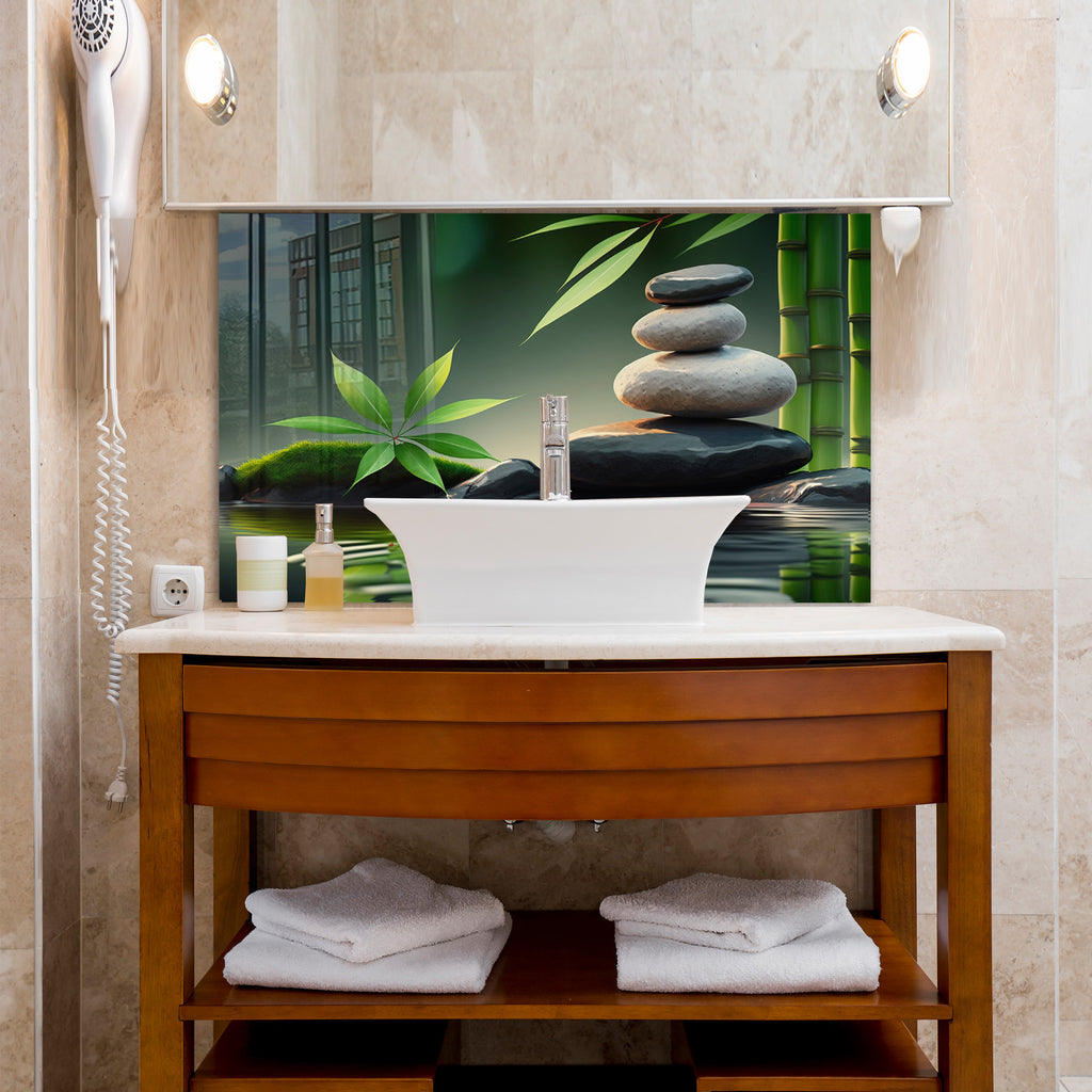 Temperli Cam Duvar Tablosu – Bambu ve Denge Taşları Huzur Temalı Modern Dekor