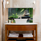 Temperli Cam Duvar Tablosu – Bambu ve Denge Taşları Huzur Temalı Modern Dekor