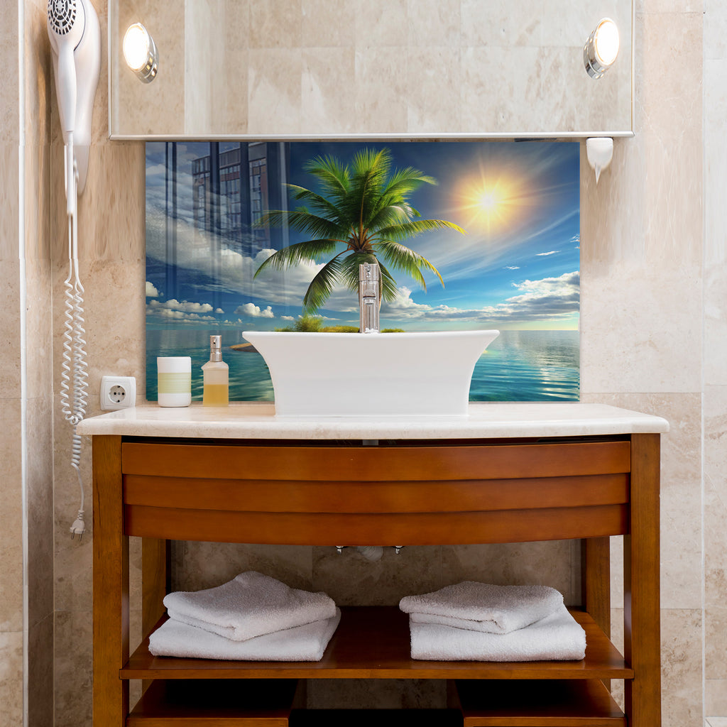 Tropik Ada Manzara Temperli Cam Duvar Tablosu – Modern Deniz ve Palmiye Dekoru