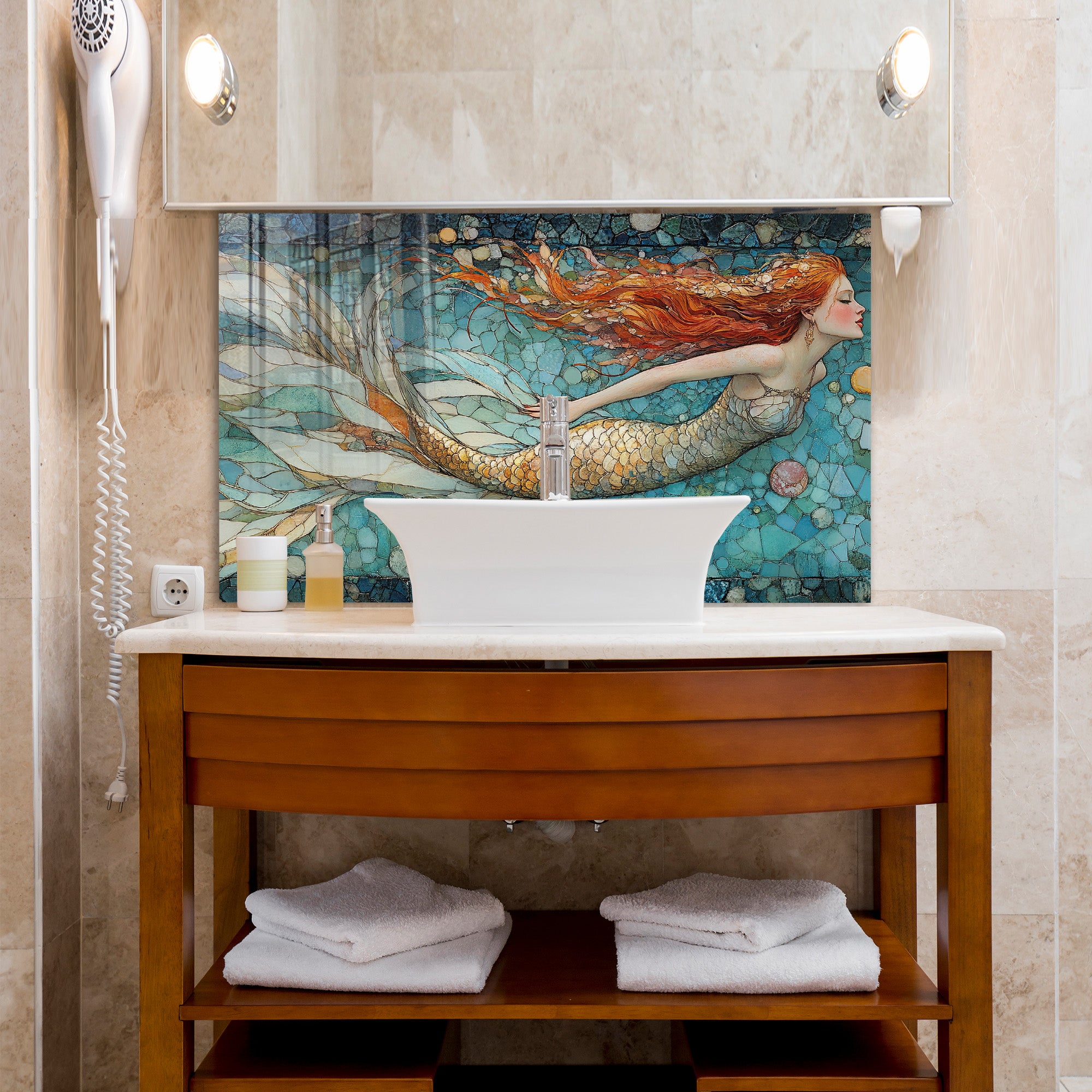 Temperli Cam Deniz Kızı Duvar Tablosu – Vitray Mozaik Sanat Tasarımı, Modern Mitolojik Dekorya)