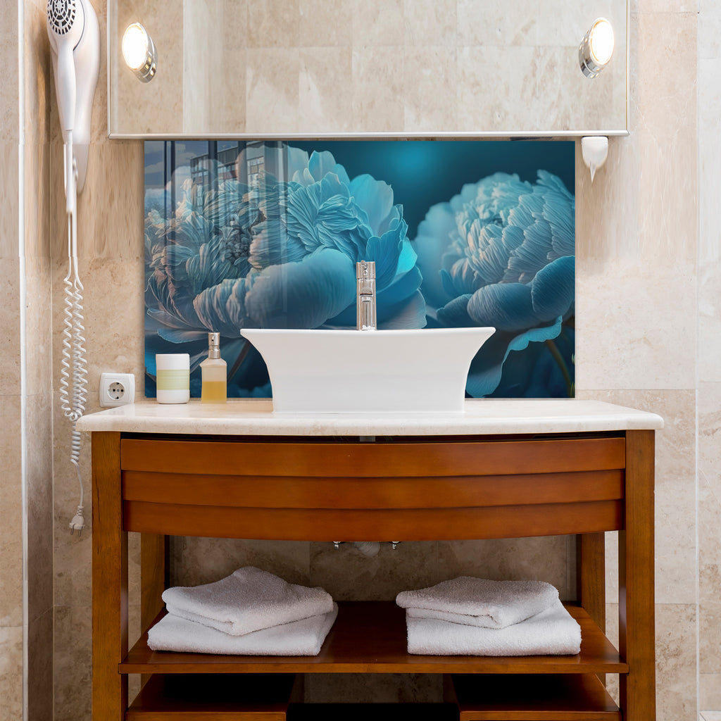 Temperli Cam Duvar Tablosu – Mavi Çiçek Dekor