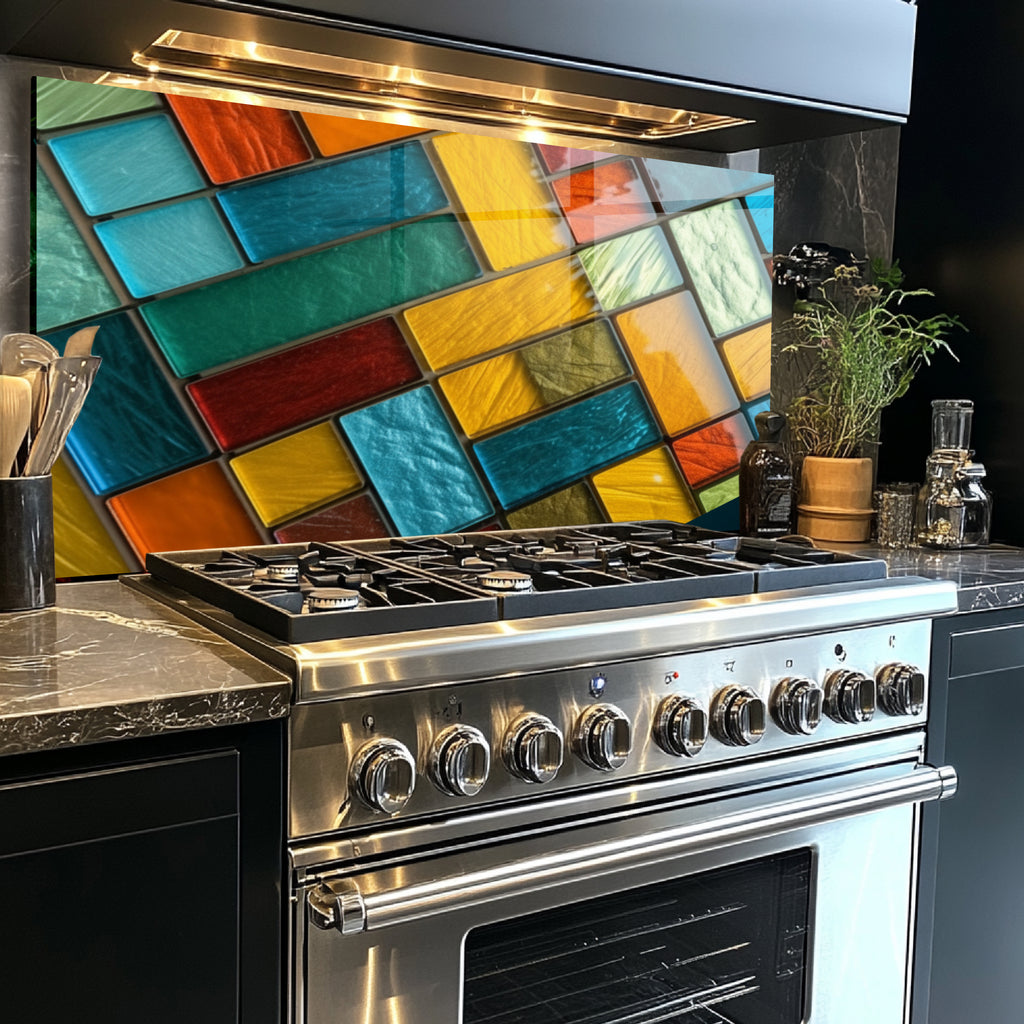 Diagonal Dörtgenler Vitray Görünümlü Temperli Cam Tablo – Renkli Doğa Duvar Dekoru