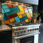 Diagonal Dörtgenler Vitray Görünümlü Temperli Cam Tablo – Renkli Doğa Duvar Dekoru