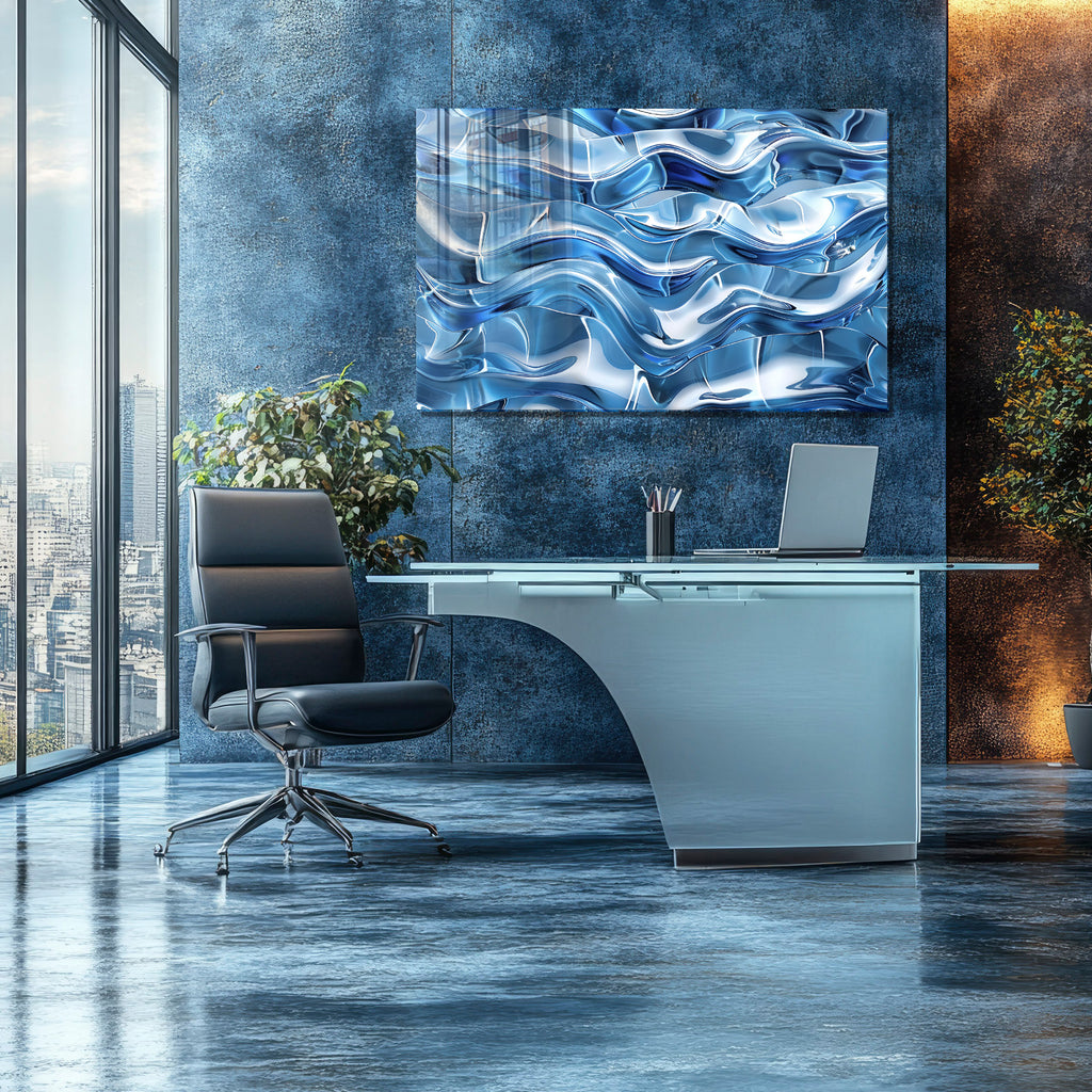 Mavi Renkli Metalik Soyut Temperlenmiş Cam Tablo