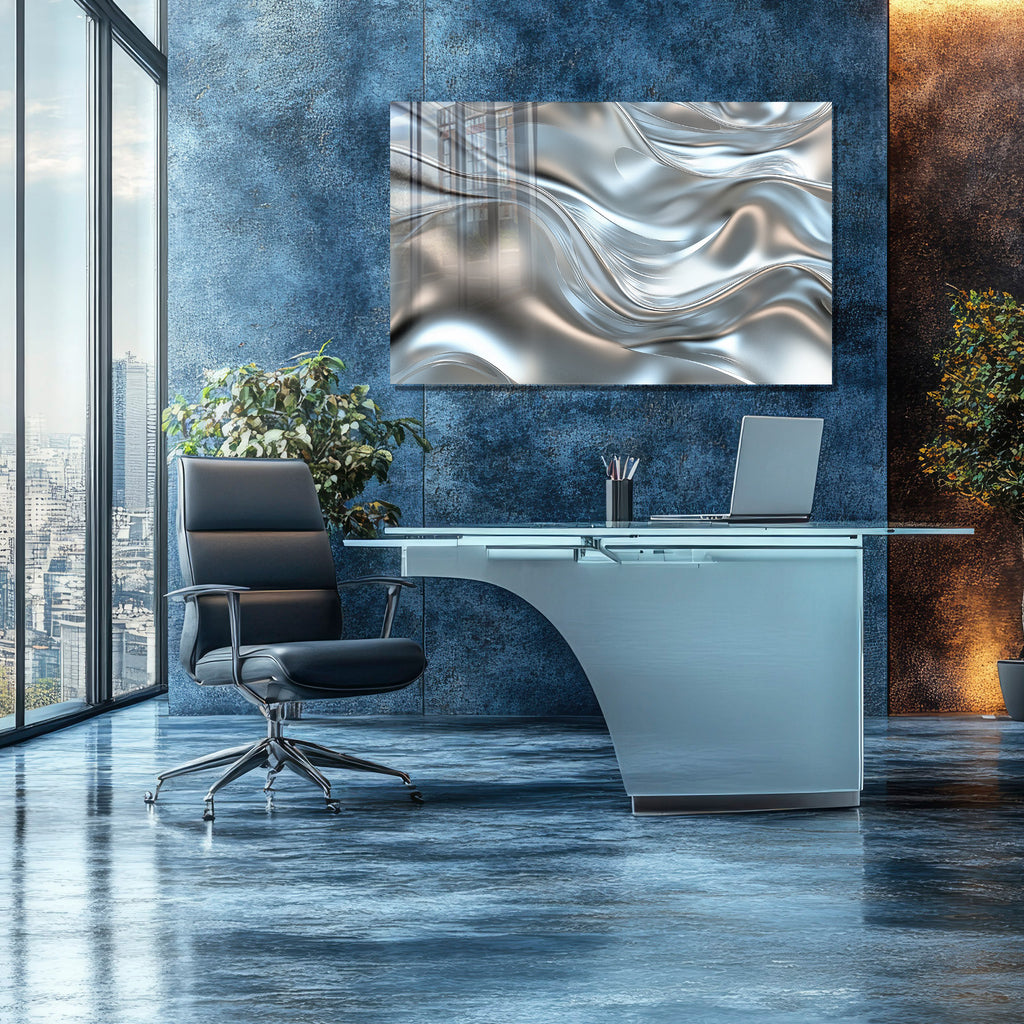 Silver Metallic Abstract Tempered Glass Painting, Modern 3D Wall Decor, Stylish and Luxury Glass Artwork