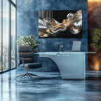 Silver Metallic Abstract Tempered Glass Painting, Modern 3D Wall Decor, Stylish and Luxury Glass Artwork
