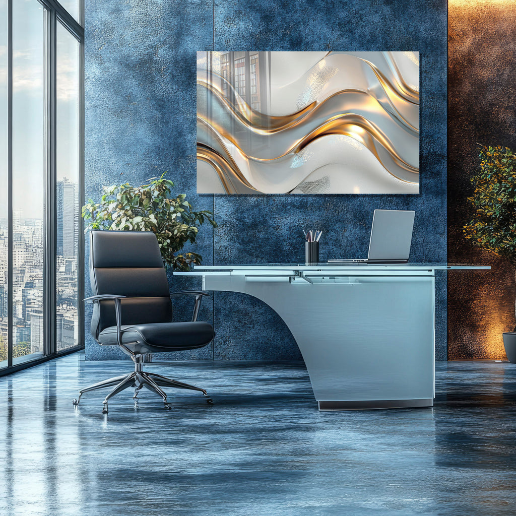 Silver Metallic Abstract Tempered Glass Painting, Modern 3D Wall Decor, Stylish and Luxury Glass Artwork