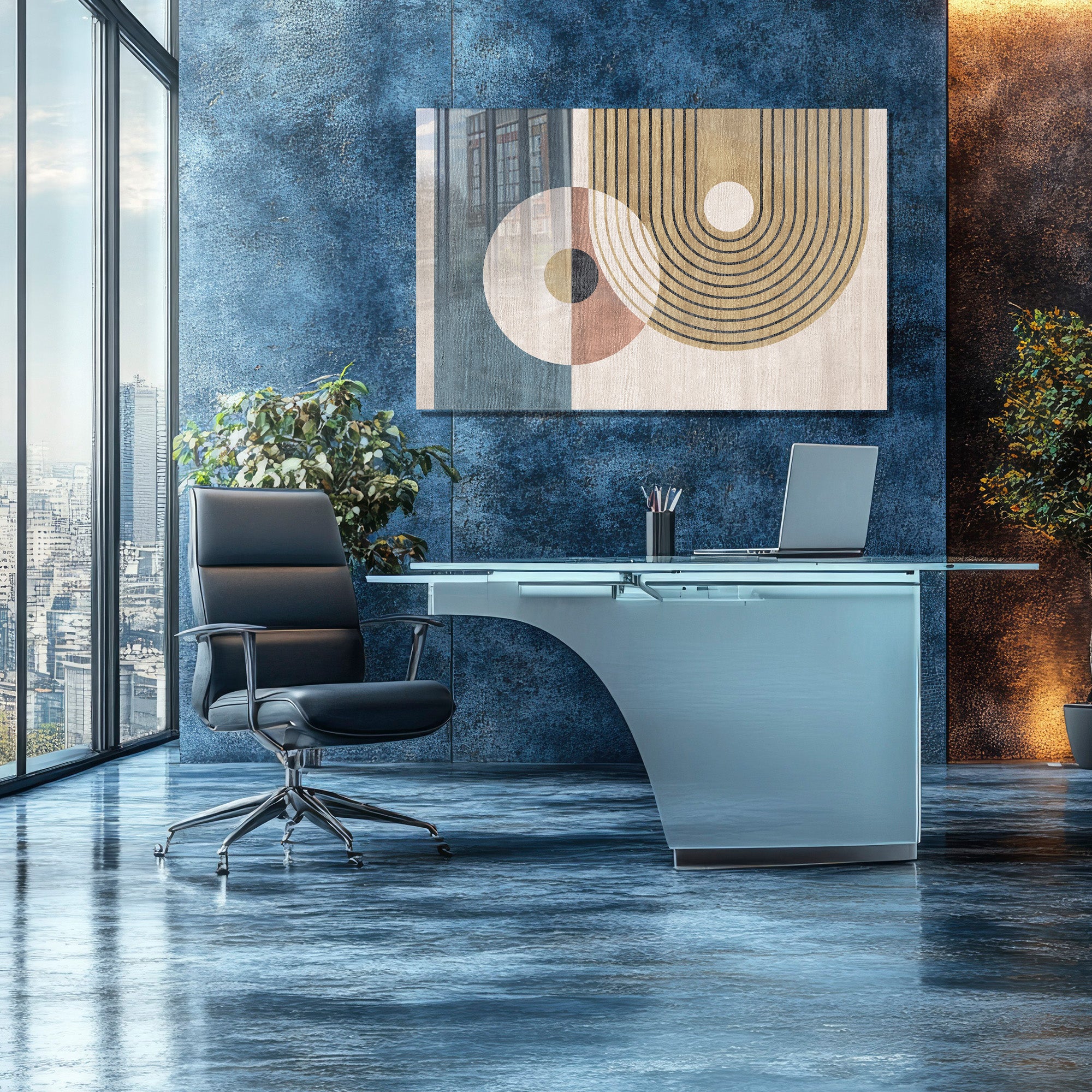 Mavi Renkli Metalik Soyut Temperlenmiş Cam Tablo