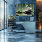 Temperli Cam Duvar Tablosu – Bambu ve Denge Taşları Huzur Temalı Modern Dekor